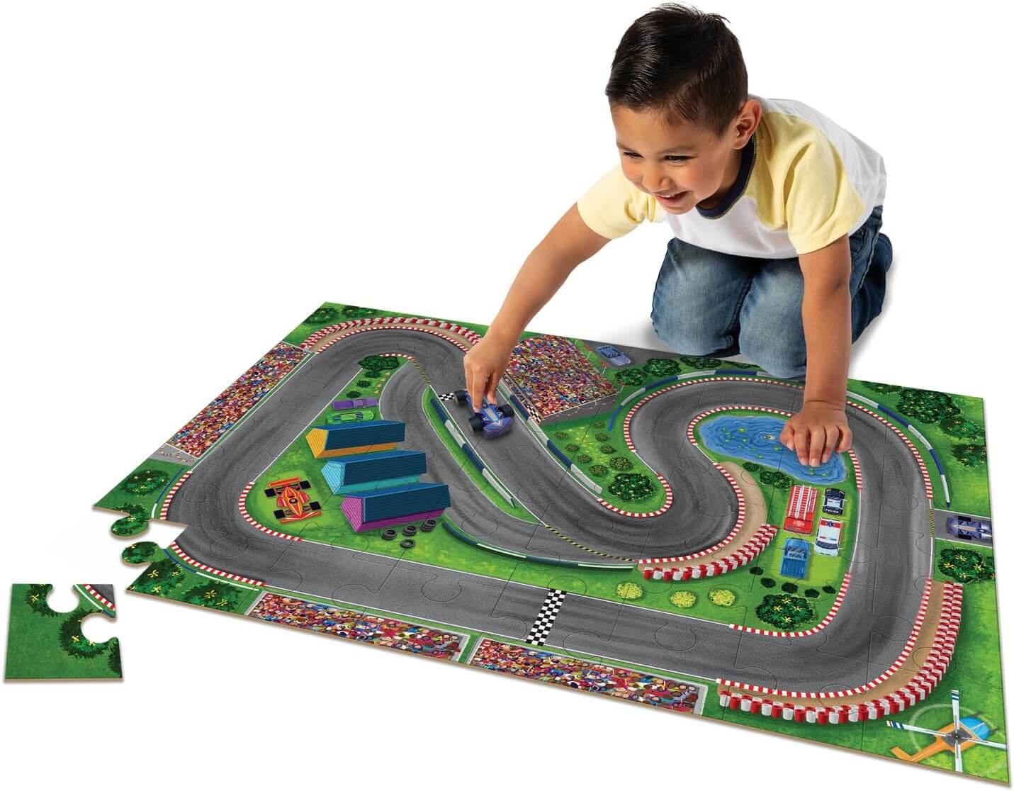 Puzzle & Play: Race Day - Floor Jigsaw Puzzle - Includes 3 Wooden Vehicles - Image 2