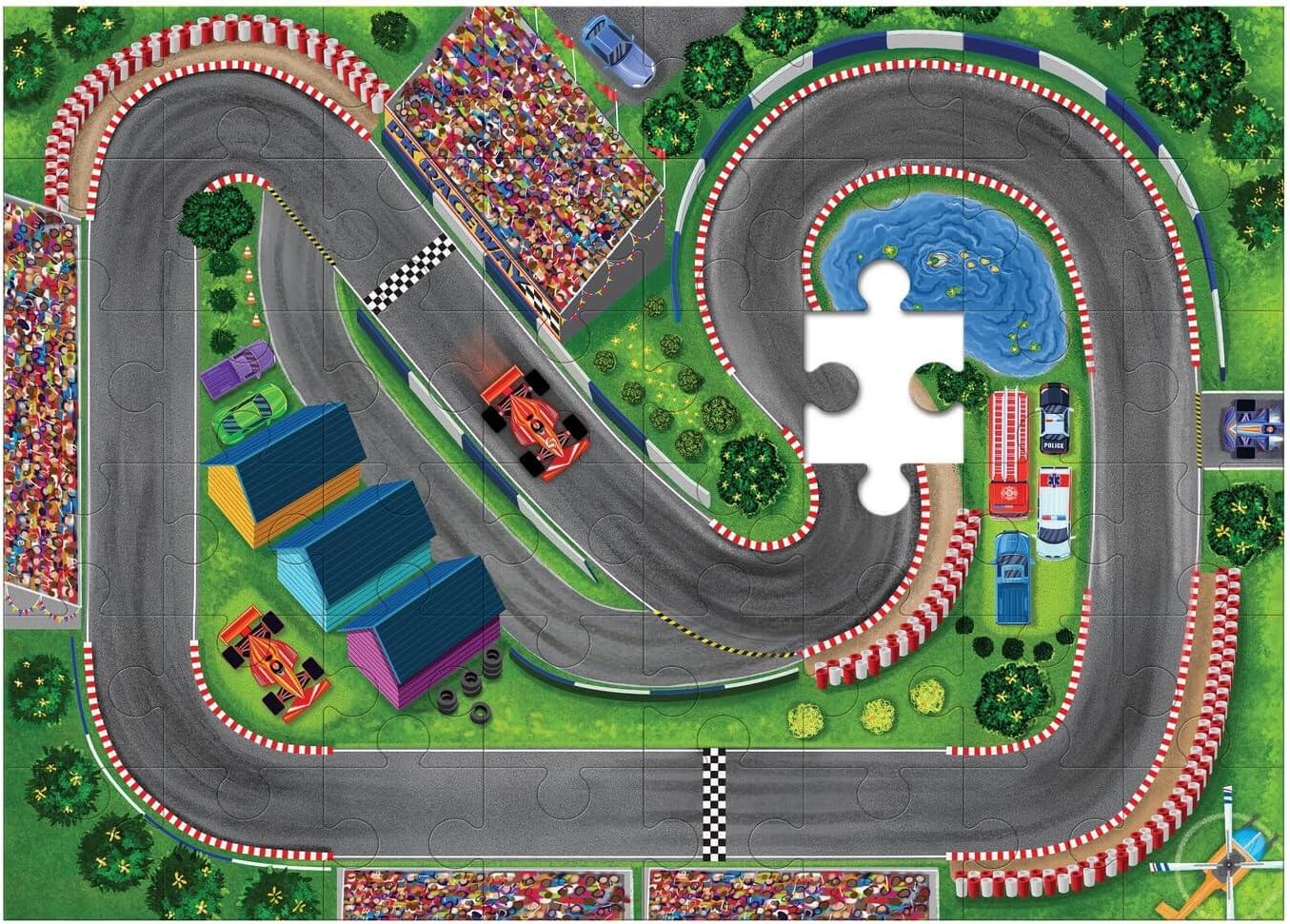 Puzzle & Play: Race Day - Floor Jigsaw Puzzle - Includes 3 Wooden Vehicles - Image 3