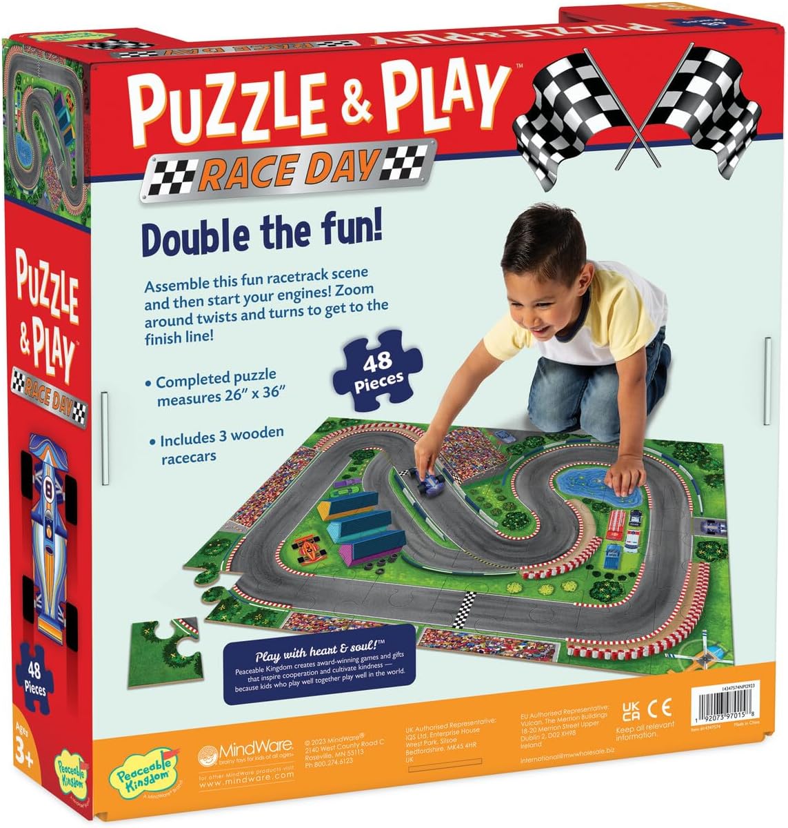 Puzzle & Play: Race Day - Floor Jigsaw Puzzle - Includes 3 Wooden Vehicles - Image 5