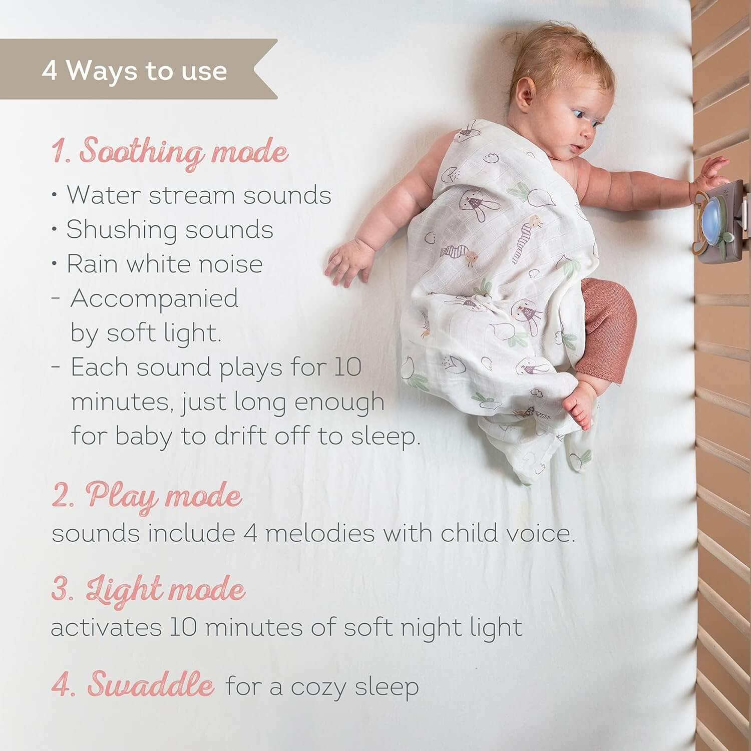 Baby Soothing Sound Machine with Cry Activated Sensor Bunny Soother and Swaddle Set - Image 7